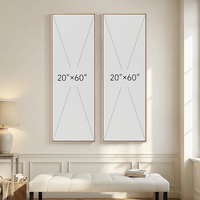Long Narrow Framed Neutral Abstract Vertical Wall Art, 2 Piece Modern Canvas Prints Paintings Artwork for Walls, Tall Beige Cream Minimalist Pictures for Living Room Bedroom Hallway Entryway Wall Decor