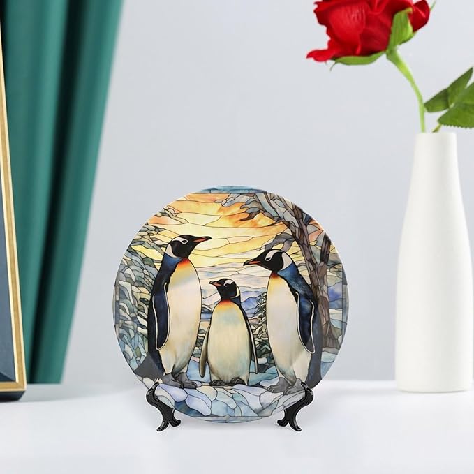 Decorative Plates, Penguins Family Snowy Forest Stained Glass Painting Ceramic Dinner Plate w/Display Stand, Wall Hanging Decor for Kitchen Household 6 Inch, Gifts for Penguin Lovers
