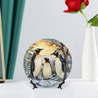 Decorative Plates, Penguins Family Snowy Forest Stained Glass Painting Ceramic Dinner Plate w/Display Stand, Wall Hanging Decor for Kitchen Household 6 Inch, Gifts for Penguin Lovers