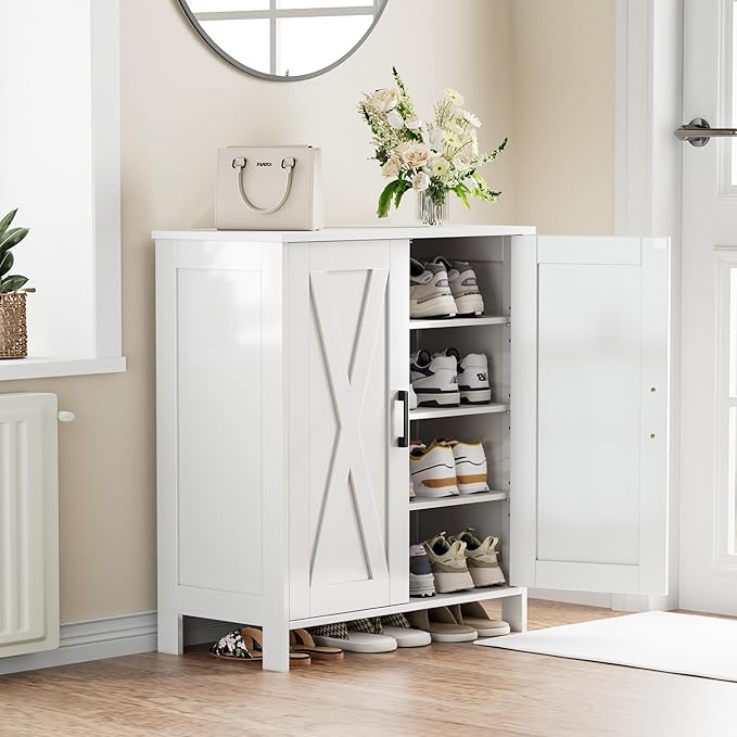 Farmhouse Shoe Cabinet with 2 Barn Doors & Wood Legs, 5-Tier Shoe Storage Cabinet with 3 Adjustable Shelves, Tall Shoe Rack Organizer for Closet, Shoe Organizer for Entryway, Hallway, White