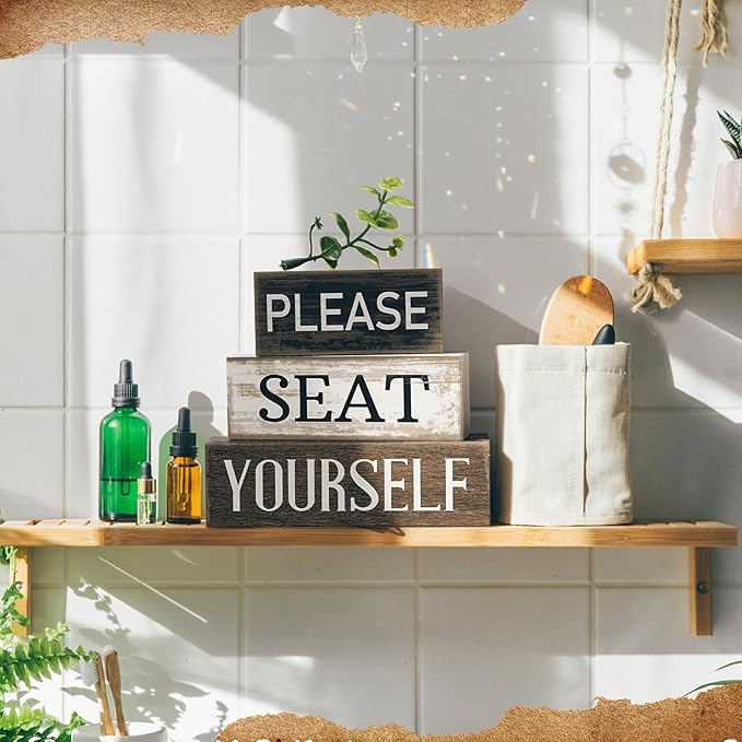 Moucuny 4 Pcs Bathroom Shelf Decor Farmhouse Bathroom Decor and Accessories Please Seat Yourself Sign Rustic Eucalyptus Leaves Wood Block Sign Gift Home Table Centerpiece for Home Office