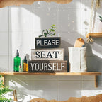 Moucuny 4 Pcs Bathroom Shelf Decor Farmhouse Bathroom Decor and Accessories Please Seat Yourself Sign Rustic Eucalyptus Leaves Wood Block Sign Gift Home Table Centerpiece for Home Office