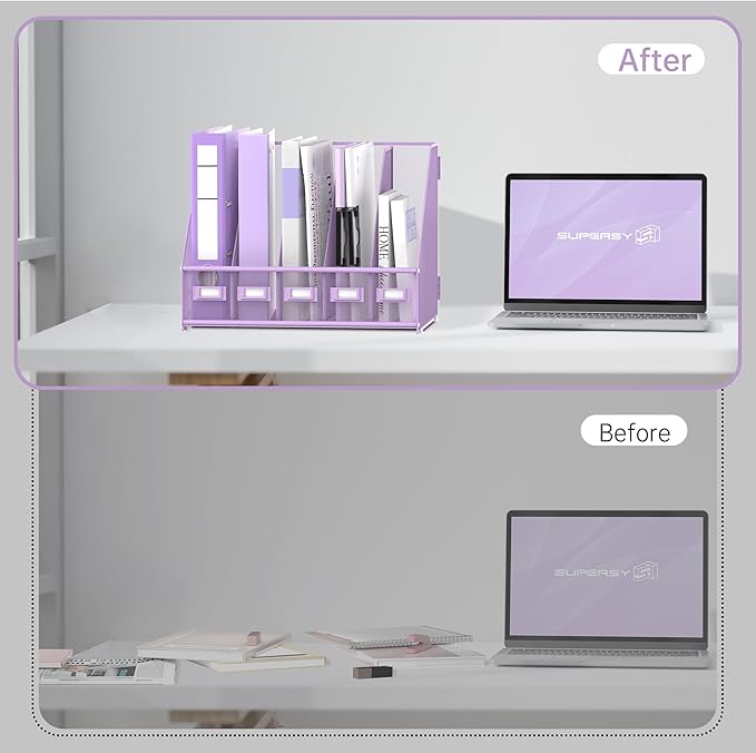 SUPEASY Desk Organizers Metal Desk Magazine File Holder with 5 Vertical Compartments Rack File Organizer for Office Desktop, Classroom, Home Workspace, Purple Plus