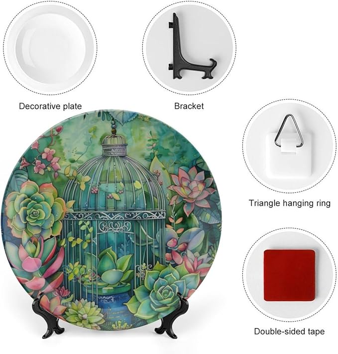Garden Scenery Theme Decorative Ceramic Plate Round Porcelain Plate,Succulents and Bird Cage Pattern,for Decorative Ornaments Giving Plates, 1 Plate with 1 Display Stand,Green,6 inch