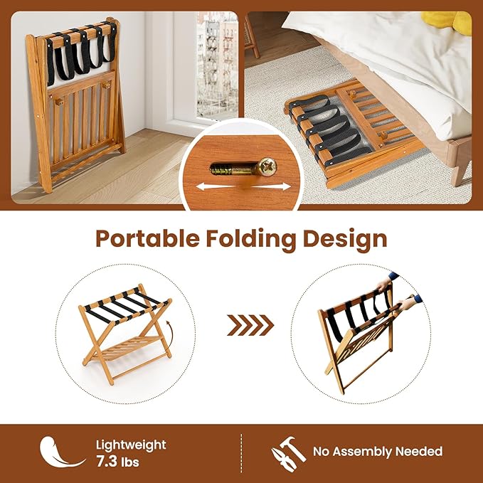Goplus Luggage Rack for Guest Room Set of 2, Folding Suitcase Stand with Storage Shelf, Acacia Wood Frame & 5 Nylon Straps, Fully Assembled 27" Luggage Stand for Bedroom, Hotel, Holds up to 200 LBS