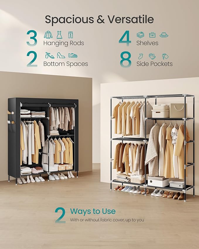 SONGMICS Portable Closet, Fabric Wardrobe, Clothes Rack with Shelves, Pockets, Large Capacity, 3 Hanging Rods, 50 x 17.7 x 70.9 Inches, Black URYG010BZ02