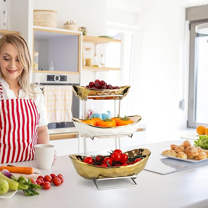 jessie 3 Tier Ceramic Fruit Basket for Kitchen Counter with Metal Stand, Fruit Bowls with Rack, Porcelain Bowls for Vegetable Bread Candy Snack Nuts Dessert Cake Tray (Gold Triple Layer)