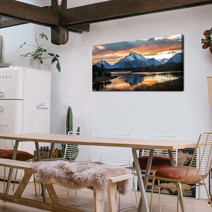 Grand Teton Mountain Wall Art National Park Posters Sunset Oxbow Bend Scenery Wall Picture Snake River Landscape Wall Art Nature Wyoming Painting Artwork for Living Room Bedroom Home Decoration 24x48"