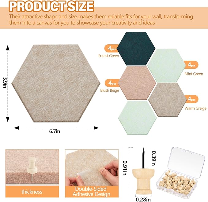 Mindsoft 16 Pcs Hexagon Cork Board for Walls with 50 Wooden Push Pins 6.7 x 5.9 in Felt DIY Tiles Notice with Nano Tape Hanging Bulletin Board for Home Photo Office Memo Note (Green)