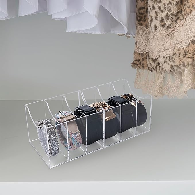 Sparkle Race Acrylic Belt Organizer for Closet Drawer, Clear Belt Rack Storage, 2pcs Belt Holder Display Case with 3 Compartments, Men Women Home Desktop Belt Box for Ties, Watches, Jewelry