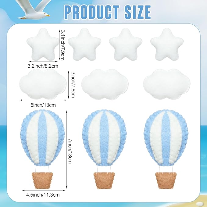 Poen 10 Pcs Star Hot Air Balloon and Cloud Nursery Decor Western Wall Decor for Bedroom Mini Felt Clouds Stars Hot Air Balloon Nursery Felt Wall for Kids Baby Bedroom(Blue)
