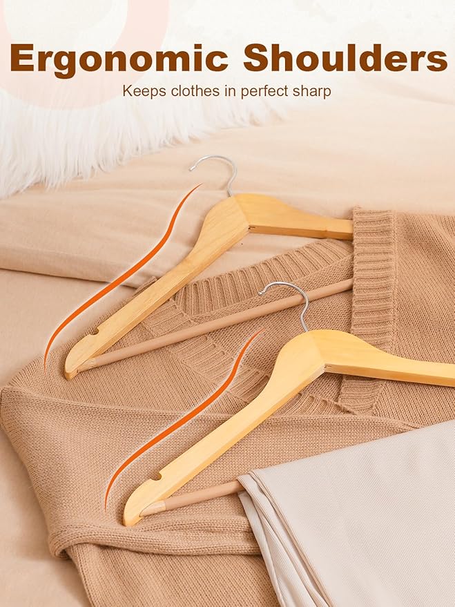 HOUSE DAY Wooden Hangers 30 Pack, Solid Wood Clothes Hangers with Non Slip Pant Bar, Heavy Duty Wooden Coat Hanger for Closet, Smooth Finish Wood Hangers for Shirts, Suits Jackets, Dress, Natural