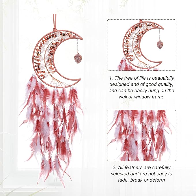 PATIKIL Crystal Life of Tree Dream Catchers, 28 Inch Feather Handmade Moon Dream Catchers with Gemstone Agate Stone Wall Hangings Decor for Home Wedding Bedroom Living Room, Red White