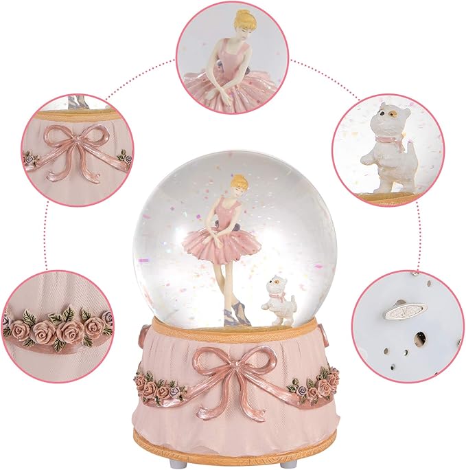 Ballerina Snow Globe for Girl's Birthday, Rotating and Mechanical Real Glass Snowglobe Gift for Adult Women, Wife, Daughter and Granddaughter, with Music Greensleeves, Gift Box Packed