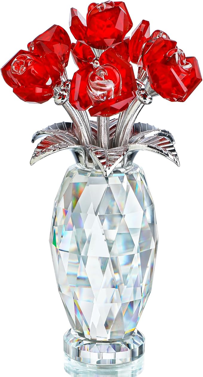 Red Crystal Rose Flower Figurine with Base,Glass Flower Bouquet Gifts for Women Girlfriend Wife,Handmade Crystal Flower Collectible Home Table Decor for Christmas Day Wedding Anniversary