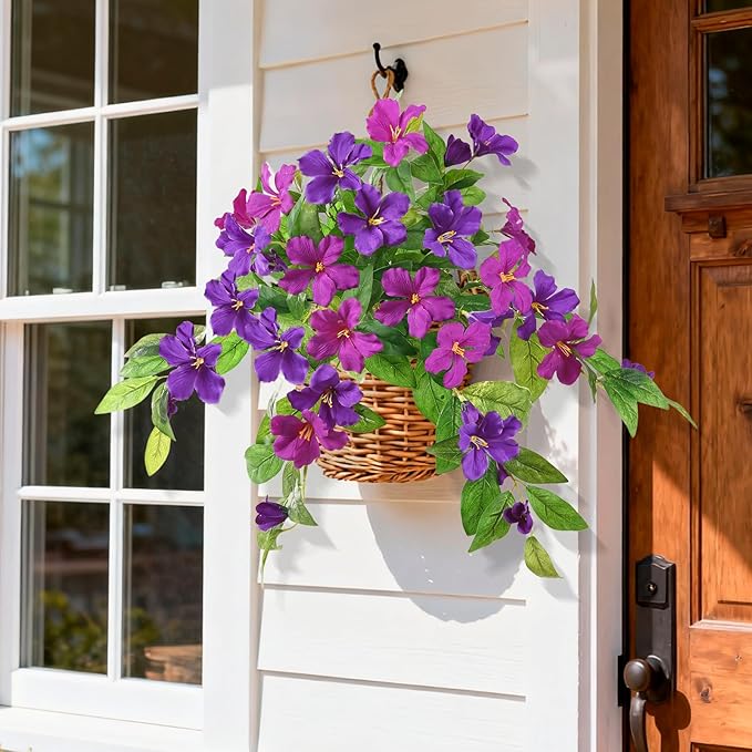 Homsunny Artificial Fake Flowers Plants Outdoor, 2PCS Realistic Faux Silk Flowers UV Resistant Fake Outdoor Flowers for Spring Outside Porch Garden and Home Patio Yard Decor (Light Purple Red)