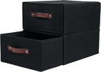 2PCS Closet Drawer Organizer Stackable Fabric Storage Boxes Bins Baskets with Lid PU Leather Handles Foldable Washable Cotton Linen Wardrobe Shelf Cloth Towels Container (Black, Large)