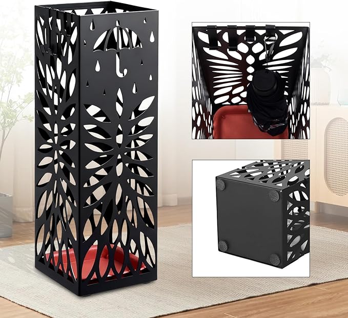 PrecisionAuto Versatile Metal Umbrella Stand for Entryway – Multi-Purpose Storage Rack – Cold-Rolled Steel, Removable Drip Tray & 4 Hooks – Stores Canes, Walking Sticks, Baseball Bats
