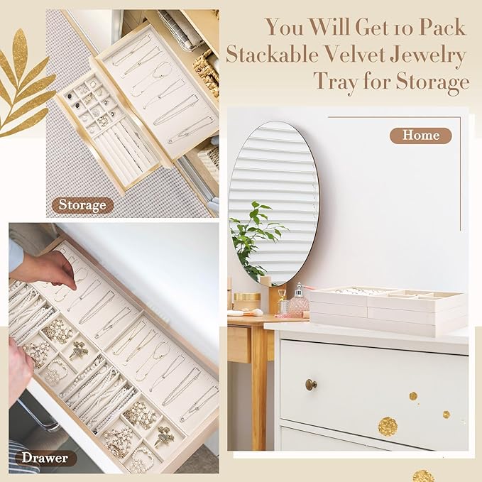 Set of 10 Stackable Jewelry Organizer Trays for Drawer 14 Inch Velvet Jewelry Drawer Insert Display Storage with Removable Divider for Necklace Earring Ring Watch Bracelet (Beige)
