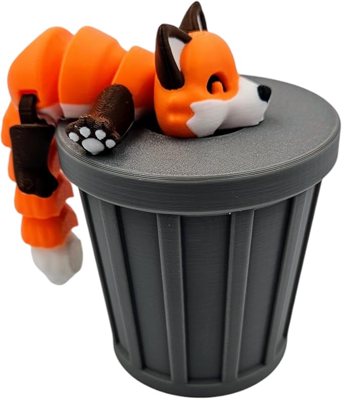 Articulating Animals Raccoon, Fox, Panda, Skunk, Possum with Containers - 3D Printed Articulated Joints ADHD, Autism, Relief Anxiety, Collectible Figurines (Fox Trash Can)