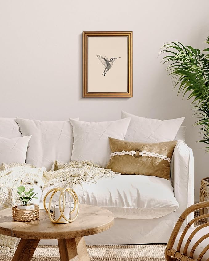 VIYYIEA Vintage Gold Framed Wall Art for Living Room, Birds Canvas Prints Home Decor, Sketch Painting Picture, Bedroom Wall Decor Gifts for Friends or Family -【Hummingbird】-(16L x 12W)