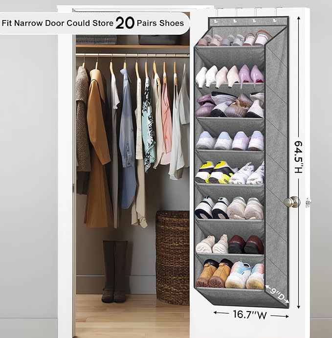 SLEEPING LAMB Over The Door Shoe Organizer for Closet with Large Deep Pockets, Narrow Shoe Rack for Door Hanging Boots Storage, Grey