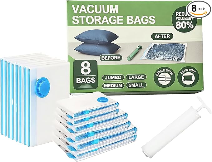 Vacuum Bags for Travel with Pump,8 Pack Vacuum Storage Bags for Bedding and Clothing,Space Saver Bags for Travel and Home(with Hand Pump, Small 40 * 60)