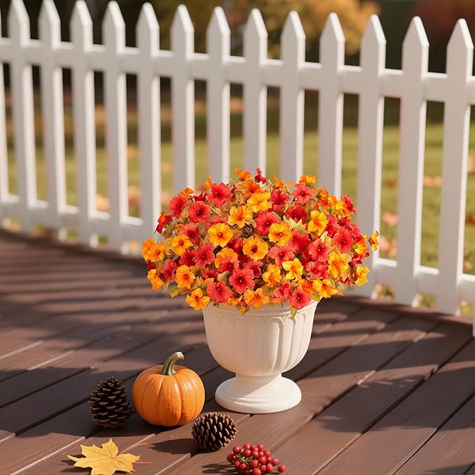 8 Pcs Fake Fall Flowers Artificial Petunias for Outdoor Decorations, Faux Fall Flowers for Outside UV Resistant Realistic Plants for Garden Porch Patio Indoor Autumn Decor(Orange Yellow)