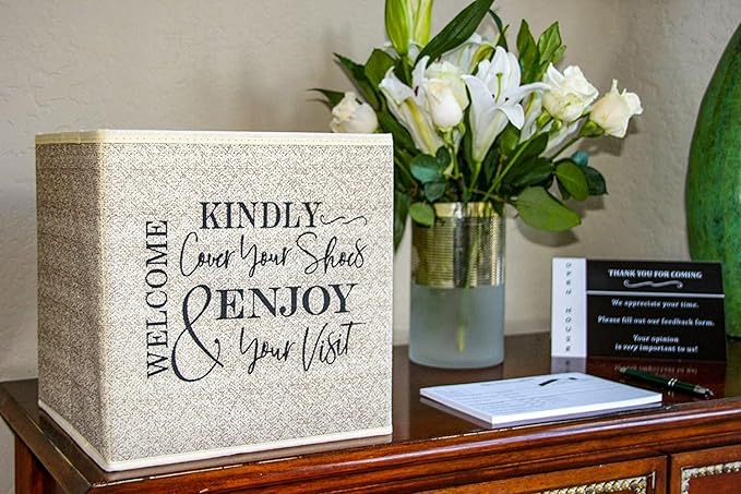 Life Charge Shoe Covers Box - Real Estate Open House Supplies for Realtor Listings. Shoe Cover Holder for Home asks to Please Cover Shoes - Fill with Shoe Booties - Indoor Use | 5 Pack Beige & Black