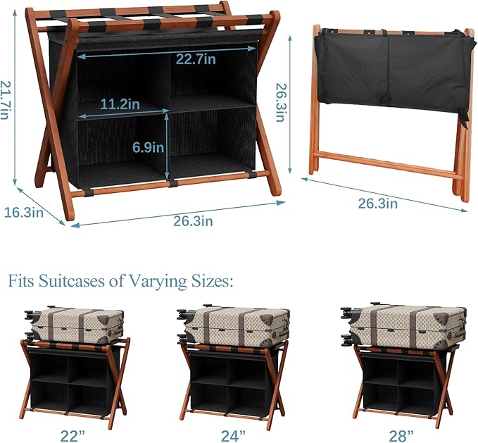 Luggage Rack for Guest Room, Folding Suitcase Stand with Fabric Storage Shelf, Upgraded Bamboo Luggage Holder, Steel Foldable Luggage Stand for Guest Room, Bedroom, Hotel, Walnut