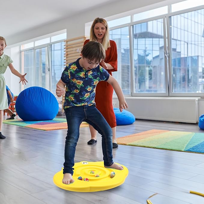 Kids Maze Balance Board Plastic Wobble Rocker Balance Board with Mini Balls Load 170lb for Balancing Exercise Equipment Game Boys Girls Physical Therapy 18.5 x 14.57 Inch(Yellow,Cute)