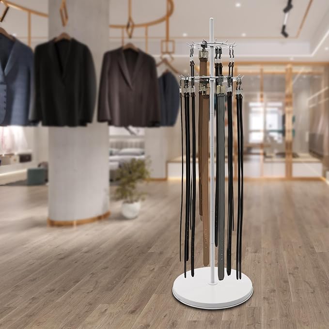 Floor Standing Belt Display, Tie Rack Floor Mounted Belt Hanger Belt Display Shelf Purse Hanger Stand Scarf Stand Adjustable Feet for Home, Boutiques, Clothing Stores, Retail Stores (White)