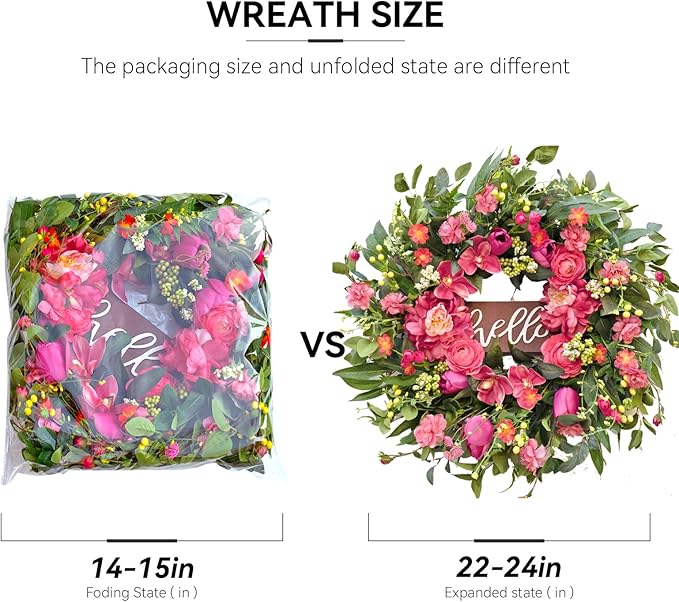 Spring Wreaths for Front Door 24 Inch with Hello Sign,Artificial Summer Wreath with Pink Peony and Orchid,Indoor and Outdoor Wreath for Farmhouse Wall Home Porch Decor