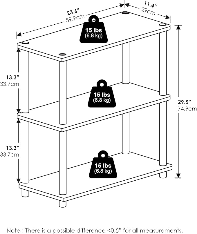 Furinno Turn-N-Tube Storage Shelves, 3-Tier Book Shelf, Corner Shelf, Toolless Open Shelves, for Organization and Storage, Living Room, Garage, Home Office, White