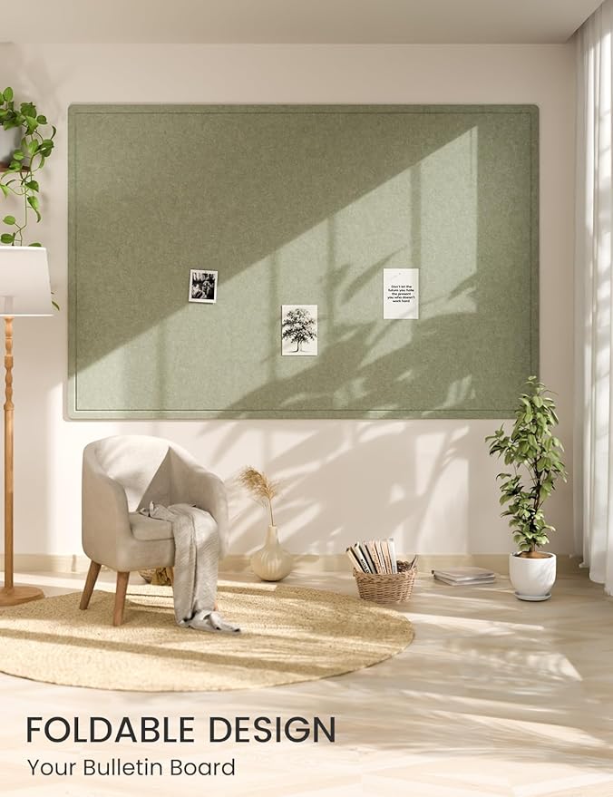 Fluxynara Large Bulletin Board, 70.8" x 47.2" Cork Board Alternative with 48 Safe Removable Adhesive Tabs, Foldable Felt Pin Board for Home Office, Classroom, Bedroom,Entryway for Walls—Sage