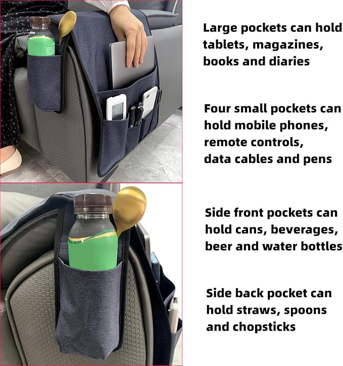 Wanty Sofa Armrest Organizer Couch Arm Chair Caddy Sofa Cover Storage Holder for Remote Control Magazine Book Smart Phone Tablet Drinks and Water Bottle (Navy Blue)