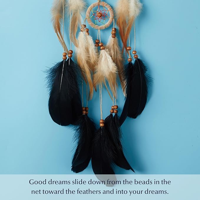 Pretty Jolly Indian Small Camel Brown Dream Catchers Wall Decor Handmade Feathers Native Mini Dreamcatchers Home Decoration Ornament for Bedroom Birthday Party-2 Rings