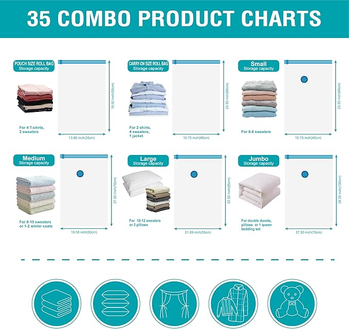 Cozy Essential Vacuum Storage Bags, Compression Space Saver Bags for Clothes, Comforters, Blankets, Pillow, Bedding, Sealer Clothing Storage,35 Combo