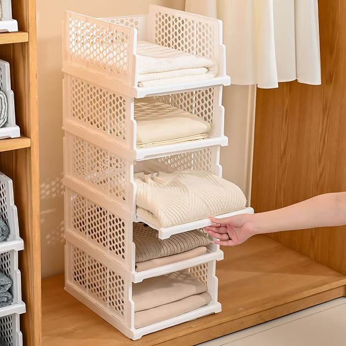 Pull-out Plastic Storage Basket,Stackable Closet Organizers Drawer Anti-Tipping, Reinforced Stable Shelf Container for Bathroom Laundry Room Storage, Space-Saving Clothes Storage (White, 5L)