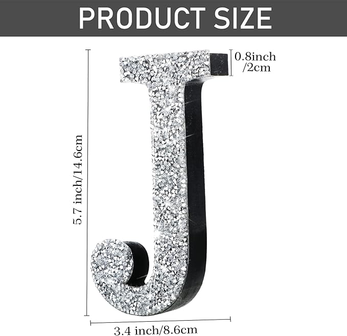 Qunclay 5.7" Silver Crystal Diamond Bling Letters Crushed Diamond Decoration Wooden Glitter Letter with Screw and Hooks Rhinestone Gift for Wedding Y2k Mcbling Bedroom Wall Decor (Letter J)