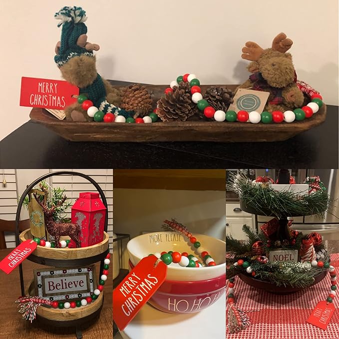 Christmas Wood Bead Garland with Tassels, Rustic Farmhouse Tiered Tray Holiday Decorations, Red and White Wooden Bead with Jute Rope Plaid Tassel, Country Xmas Home Decor (Xmas Red & Green & White)
