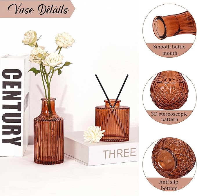 36Pcs Bud Vases Set Small Vintage Glass Bottles Bud Vases in Bulk Multiple Shape Cute Glass Vases for Rustic Wedding Centerpieces Table Decorations and Home Decor (Dark Amber)