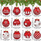 12Pcs Red and White Christmas Ball Design Hanging Wooden Ornaments Set - Festive Winter Holiday Tree Decorations with Merry Christmas Snowflakes, Reindeer, Santa Designs