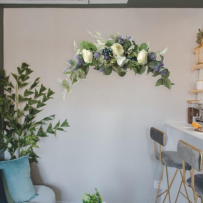 28in Artificial Rose Hydrangea Swag for Lintel,Faux White Penoy Swag Wedding Arch Flowers with Eucalyptus Leaves Blueberry,Rustic Floral Swag for Home Room Garden Front Door Party Decor