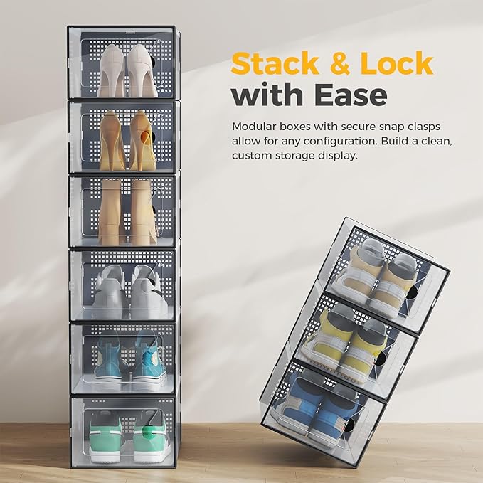 NEWBULIG 36 Clear Shoe Storage Boxes, Shoe Organizer for Closet with Lid, Plastic Stackable Breathable Shoe Cabinet with Lid for Sneakers, Heels & Boots, Black