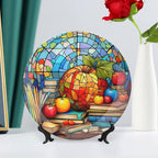 Decorative Plates for Wall Hanging, Back to School Stained Glass Painting Ceramic Plate w/ Display Stand, Home Decor for Kitchen Cabinets, Farmhouse Round Tray 10 Inch, Gift for Teacher Or Student