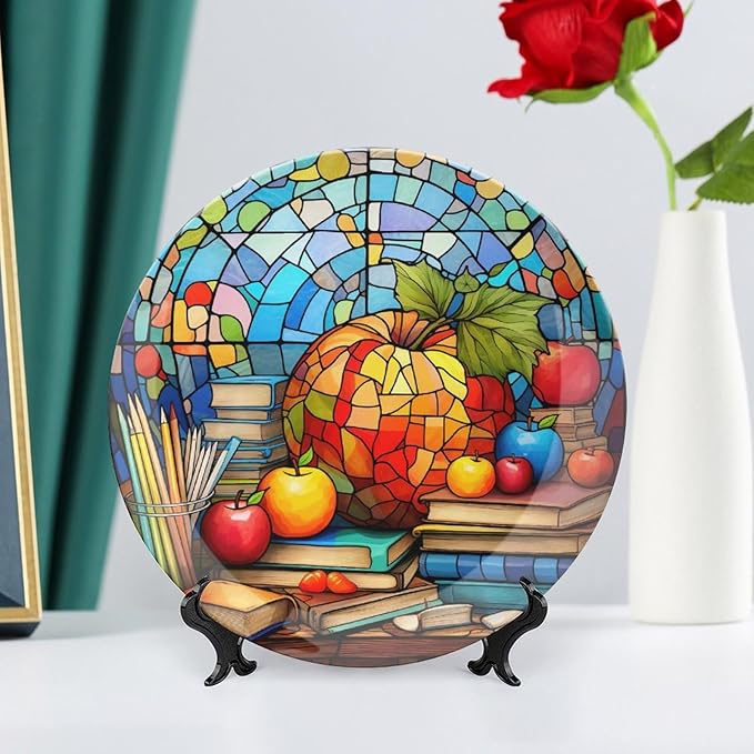 Decorative Plates for Wall Hanging, Back to School Stained Glass Painting Ceramic Plate w/ Display Stand, Home Decor for Kitchen Cabinets, Farmhouse Round Tray 10 Inch, Gift for Teacher Or Student