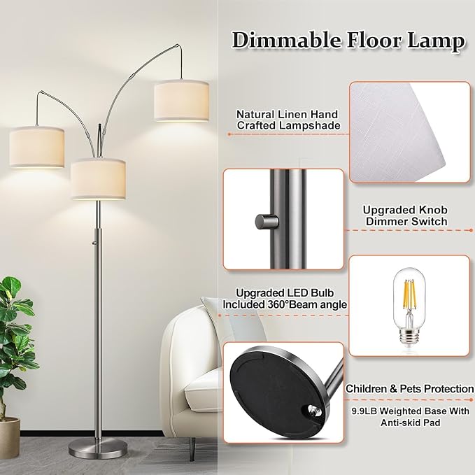 Dimmable Brushed Nickel Floor Lamp, 3 Light Arc Floor Lamp, Modern Tall Standing Tree Lamp with White Shades & Heavy Base, 3000LM Cool White LED Bulbs, Bright Lighting for Living Room, Bedroom, Office
