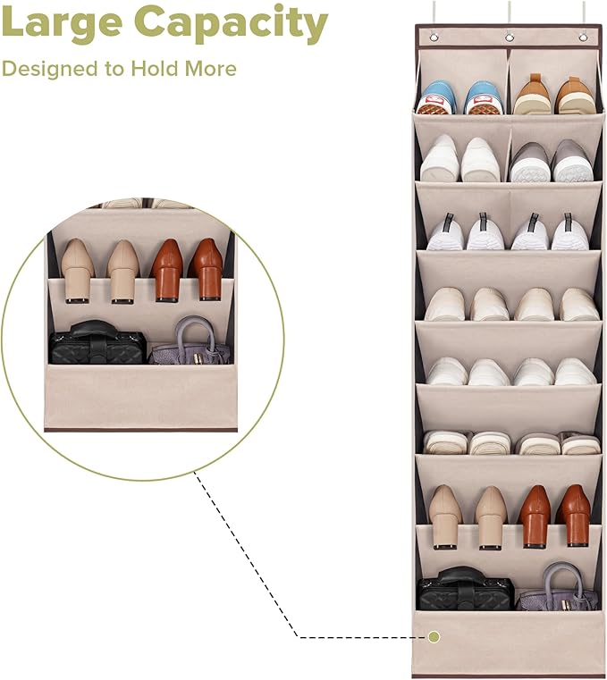 2 Pack Shoe Organizer with 6 Extra Large Pockets and 4 Large Pocket, Over the Door Sturdy Closet Storage Rack, Hanging Shoe Organizer for Shoes, Sneakers, Beige