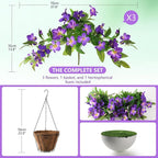 Homsunny Artficial Fake Hanging Flowers Plants with Baskets, 3PCS Silk Faux Outdoor Flowers UV Resistant Real Touch Plastic Flowers for Spring Garden and Home Patio Yard Decor (Double Purple)
